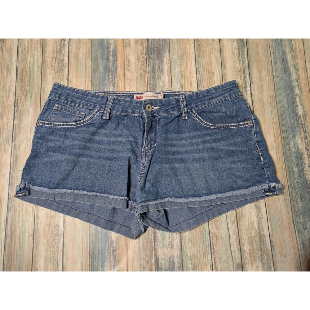 Levi’s Blue Denim Shorty Shorts Size 17 Raw Hem Y2K Stretch Jean Cutoffs